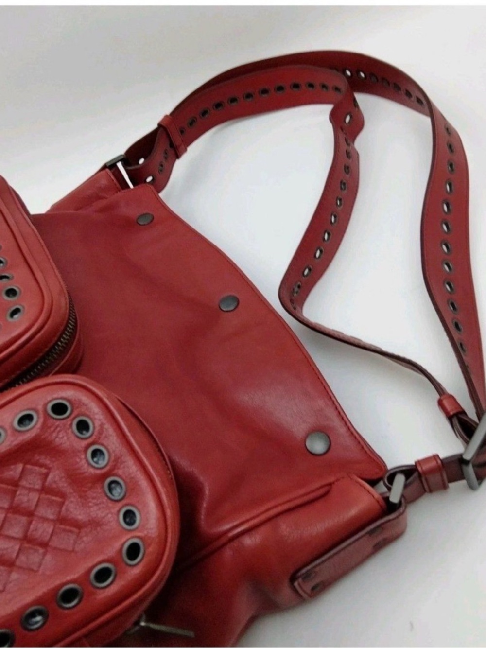 Bottega Veneta Red Intrecciato Studded Shoulder Bag Large Multi Pocket